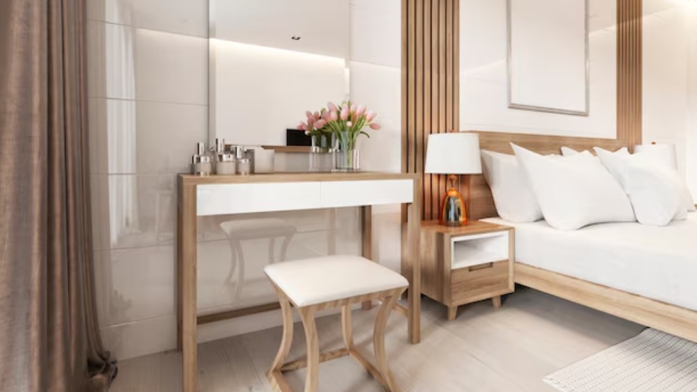 Tủ gỗ, bàn trang điểm đơn giản tạo không gian gọn gàng và thanh thoát.