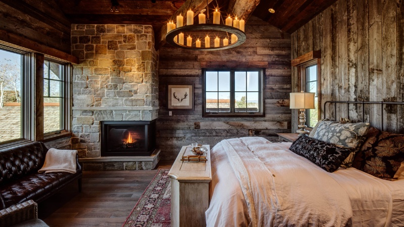 Phòng ngủ Rustic tối giản với giường gỗ mộc