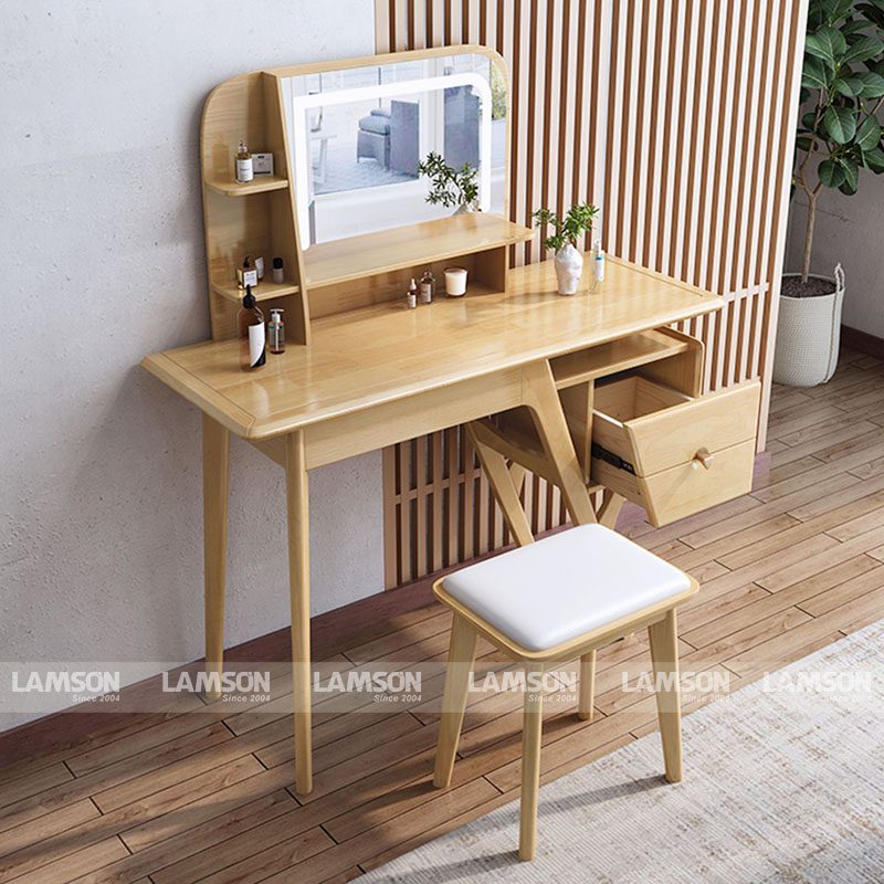Bàn trang điểm gỗ tự nhiên phong cách tân cổ điển với gam màu trắng kem