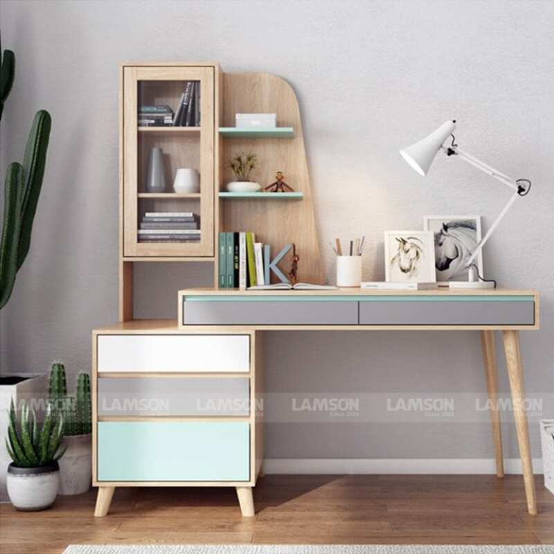 Mẫu bàn có hộc tủ bên là ưu tiên cho những học sinh có nhu cầu lưu trữ đồ cao